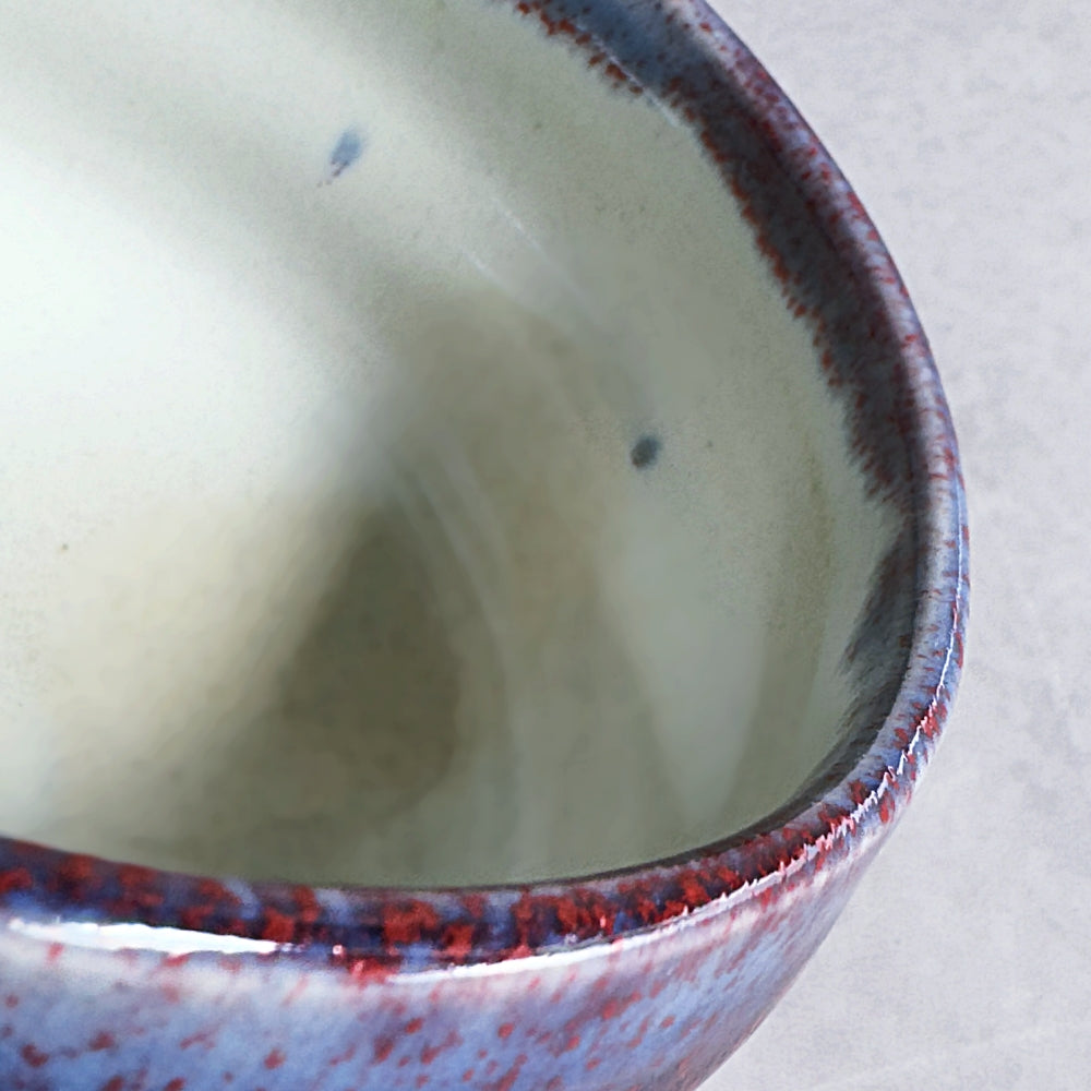 Close-up of a ceramic bowl with a speckled red and blue rim on a light background