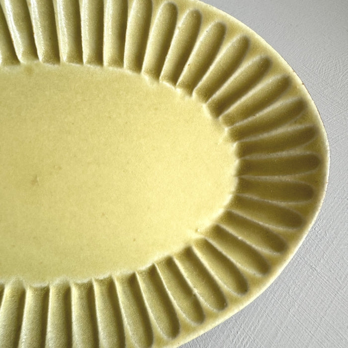 Shoyogama Shinogi Oval plate in Yuzu Glaze. Handcrafted in Hyogo Prefecture. Tamba ware. Available at Toka Ceramics.