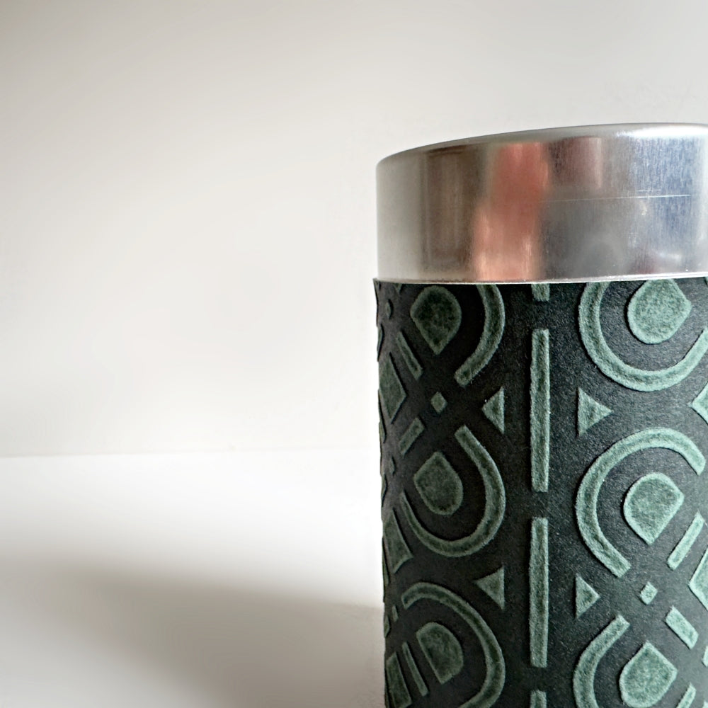Yamatsugi Washi Studio - Ukigami tea canister in dark green. Medium size. Available at Toka Ceramics.