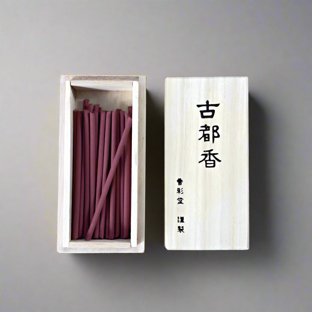 Kousaido Kotokou Ancient Town Japanese incense sticks in a traditional paulownia wooden box, available at Senju Living.
