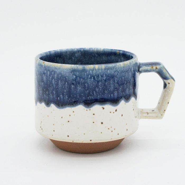 Handmade Minoware Stackable Mug in White / Navy Drops by Chips Japan. Available at Toka Ceramics Australia.