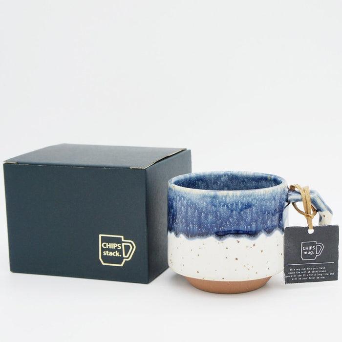 Handmade Minoware Stackable Mug in White / Navy Drops by Chips Japan. Available at Toka Ceramics Australia.