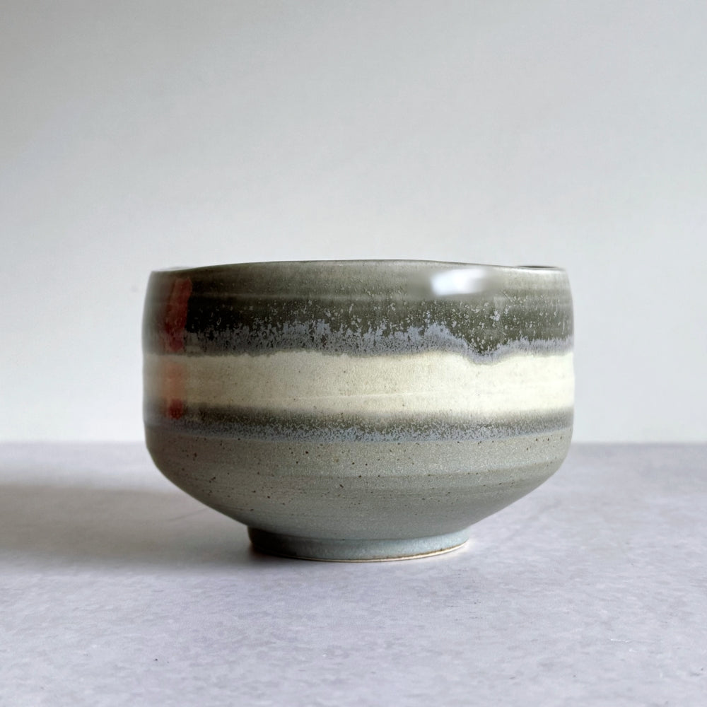 Ceramic bowl with speckled glaze on a light gray background