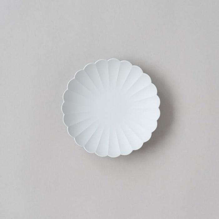 1616 arita/japan TY palace plate 110, chrysanthemum shaped plate, matt grey in colour. Arita Ware. Made in Japan.